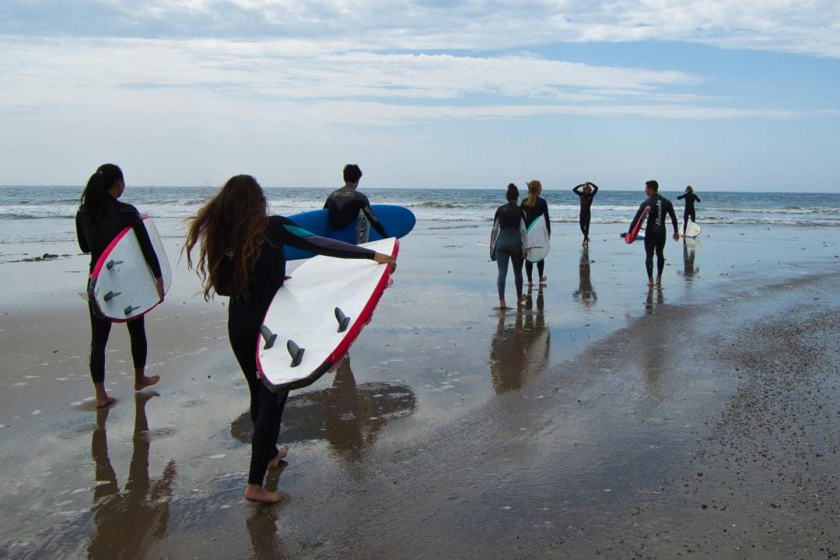 Group of surfers walking on the beach.