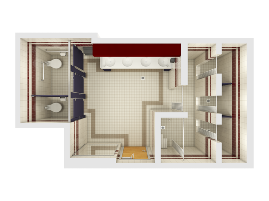 Floorplan of a Channel Island Residence Hall High Rise Bathroom.